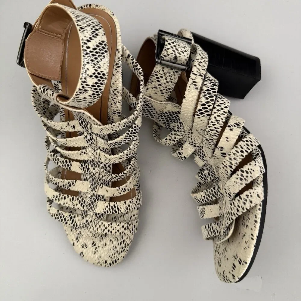 Vionic Sami Block Heel Sandal 6.5 Caged Black White Snake Print Very Comfy NWOB